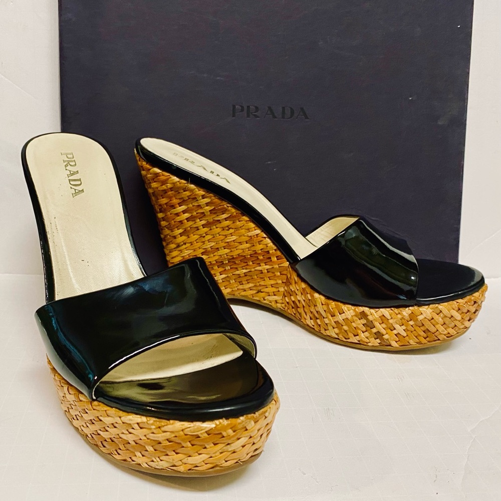 Prada Black Patent Leather and Woven Tan Wedge Sandals